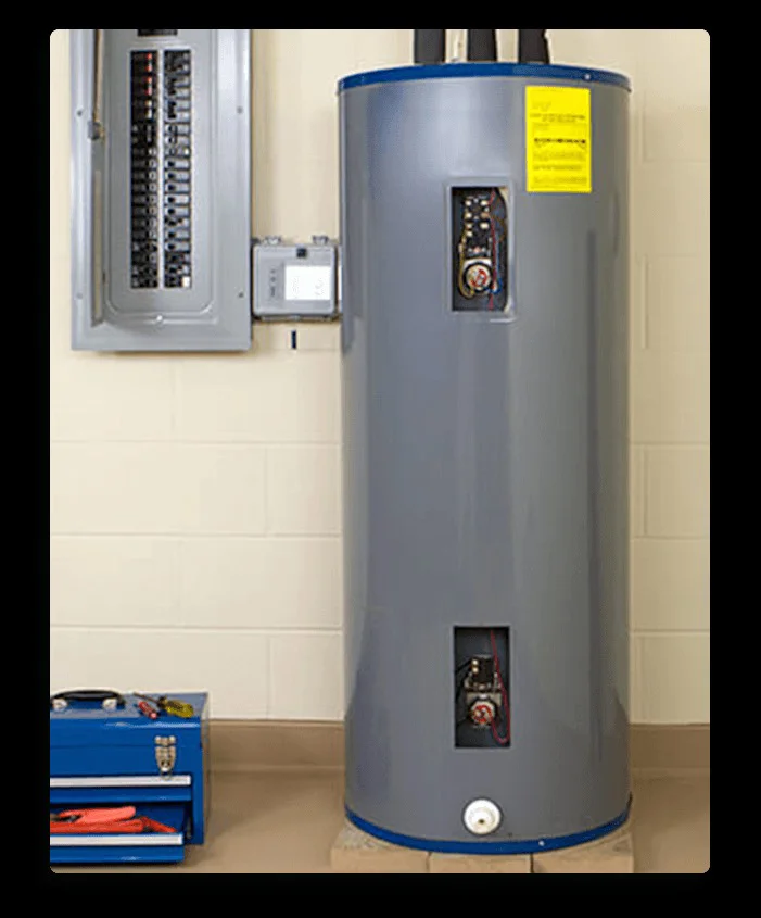 A grey electric water heater with an "Energy Guide" label